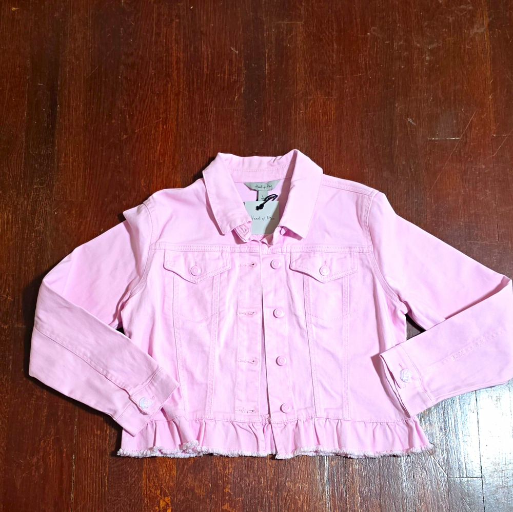 Heart of Pine Peplum Hem Denim Jean Jacket Pink L Button Front Collared